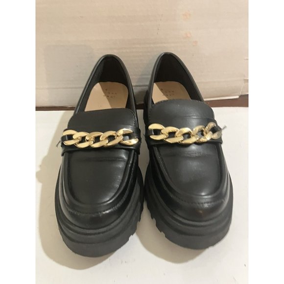 A New Day Women's Size 7.5 Black  Gold Chain chunky Platform Loafers shoes - Picture 3 of 8
